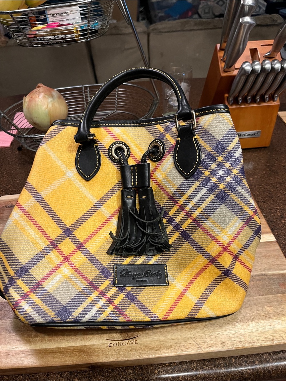 Dooney & Bourke Yellow Plaid Tote with Black Trim and Tassels